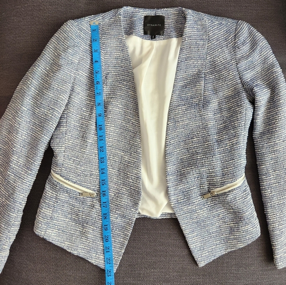 Dynamite Tweed style Open light blue & white Blazer High-low cut Size Medium - Picture 5 of 11